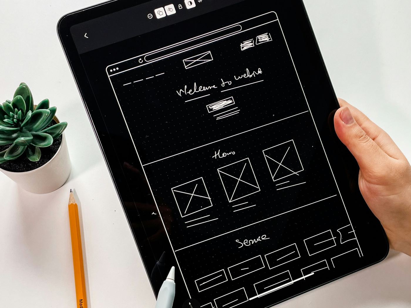 A page layout being wireframed on a tablet